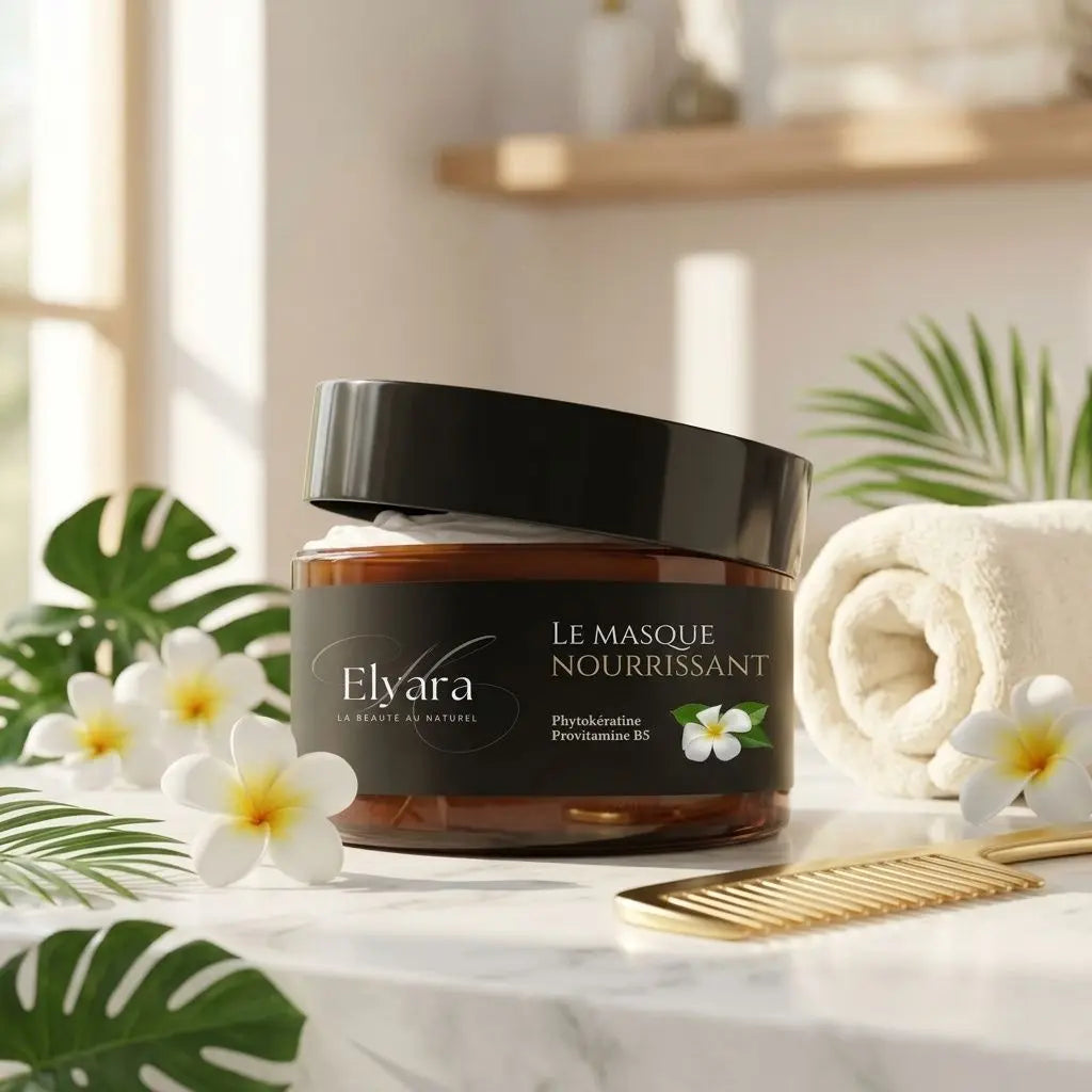 Pot de masque capillaire Nourrissant pour cheveux secs et abîmés, labeling Elyara sur fond blanc avec fleurs et peigne.