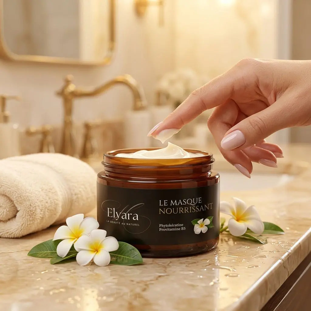 Masque Nutritionnel Elpara à la Phytokératine en pot, crème blonde sur sablier de marbre, main féminine plongeant le doigt dans la texture, fleurs blanches et serviettes beiges autour.