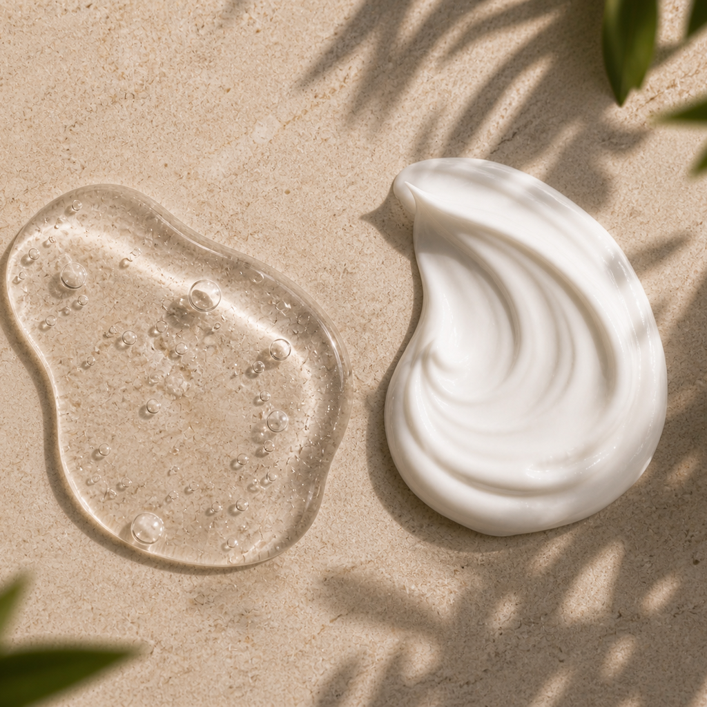 Gelée transparente et crème blanche en gouttes sur une surface sableuse, ambiance estivale apaisante. La Routine Complète, Duo Nutrition Intense.