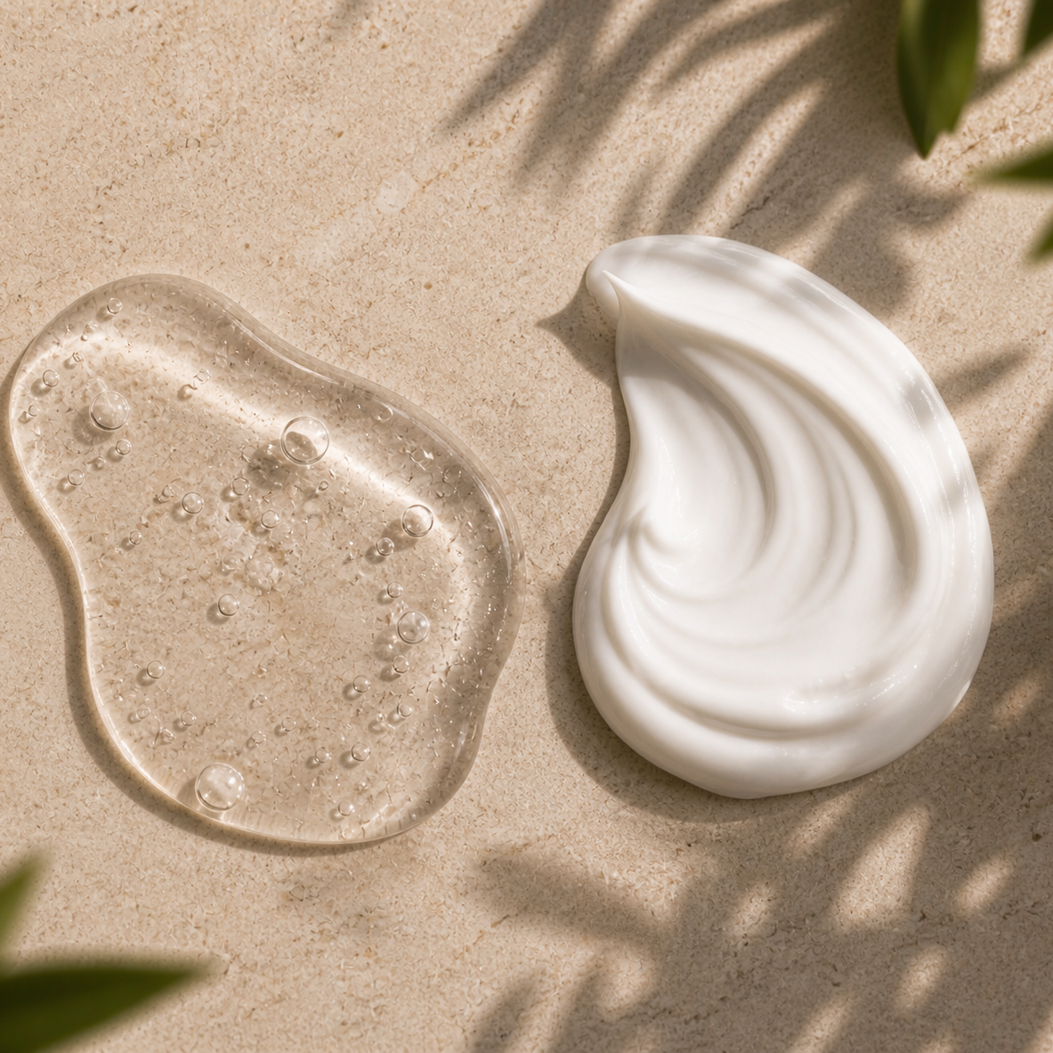 Gelée transparente et crème blanche en gouttes sur une surface sableuse, ambiance estivale apaisante. La Routine Complète, Duo Nutrition Intense. Image