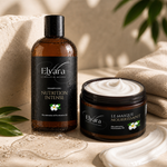 Flacon et pot de soins capillaires Élyara La Routine Complète, Duo Nutrition Intense, textures crème et shampooing sur fond beige, éclats d’eau et feuilles.