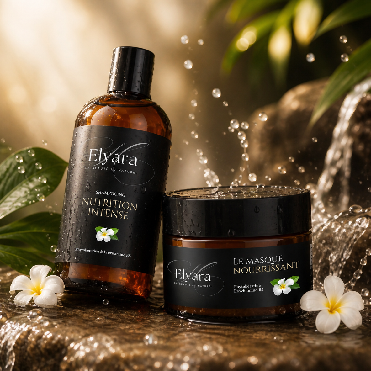 Bouteille et pot de la Routine Complète, Duo Nutrition Intense Elvára, shampooing et masque nourrissant, ambiance tropicale avec fleurs blanches et éclaboussures d’eau.