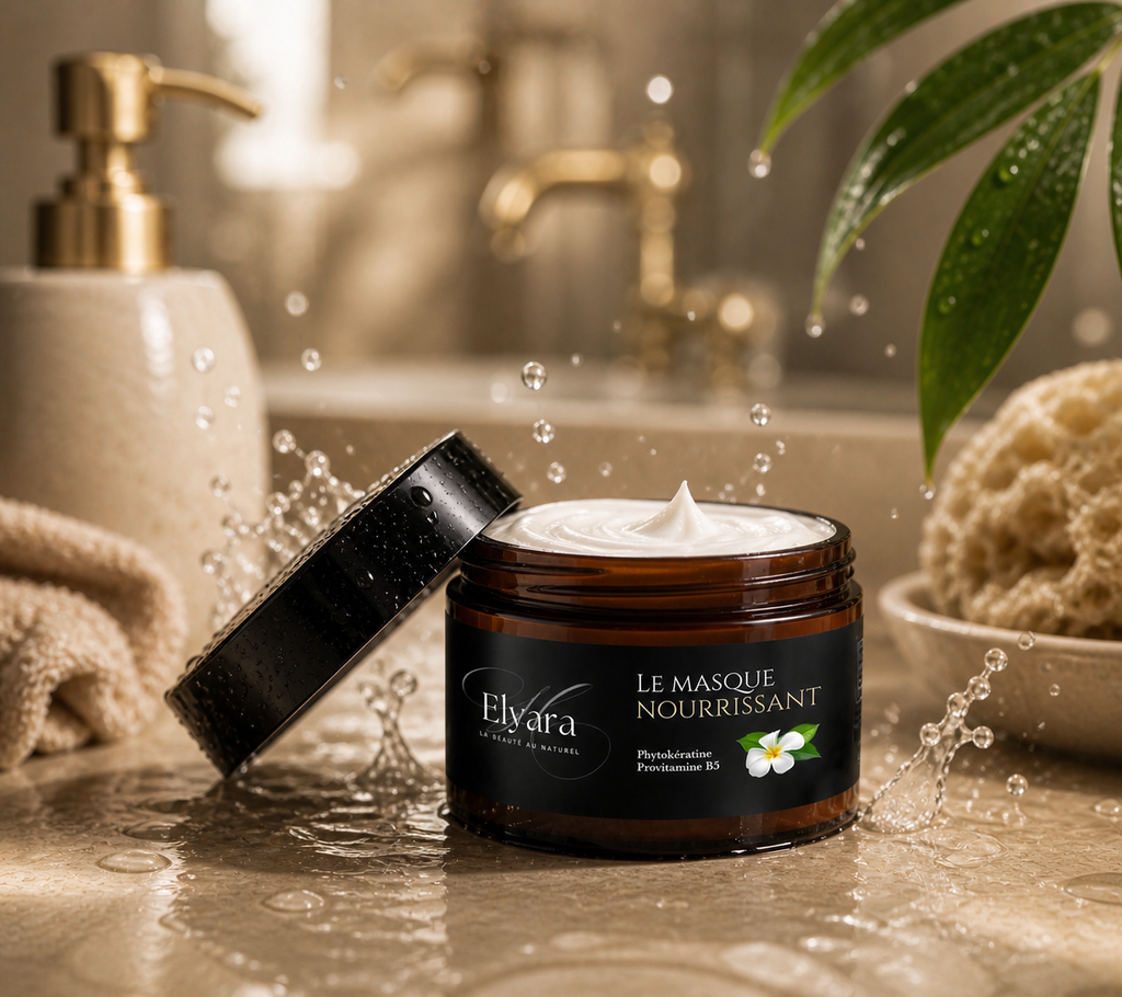 Masque Nourrissant à la Phytokératine – Soin Capillaire Luxe Elyara dans un pot ouvert, éclaboussures d’eau et accessoires de salle de bain, ambiance spa.