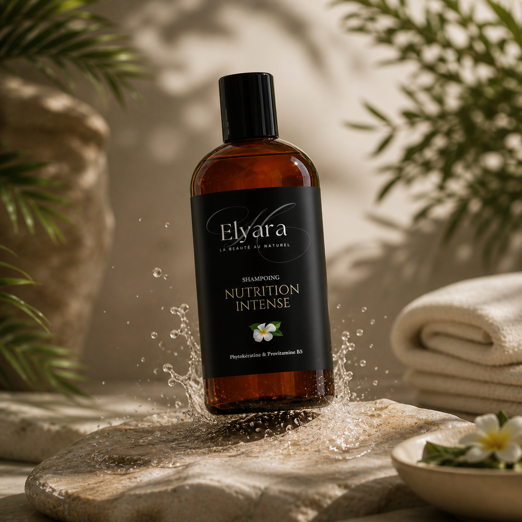 Shampoing Nutrition Intense, Phytokératine & Vegan 98,4% Naturel d’Elyara sur une pierre, éclaboussures d’eau et serviettes beige, ambiance spa naturel.