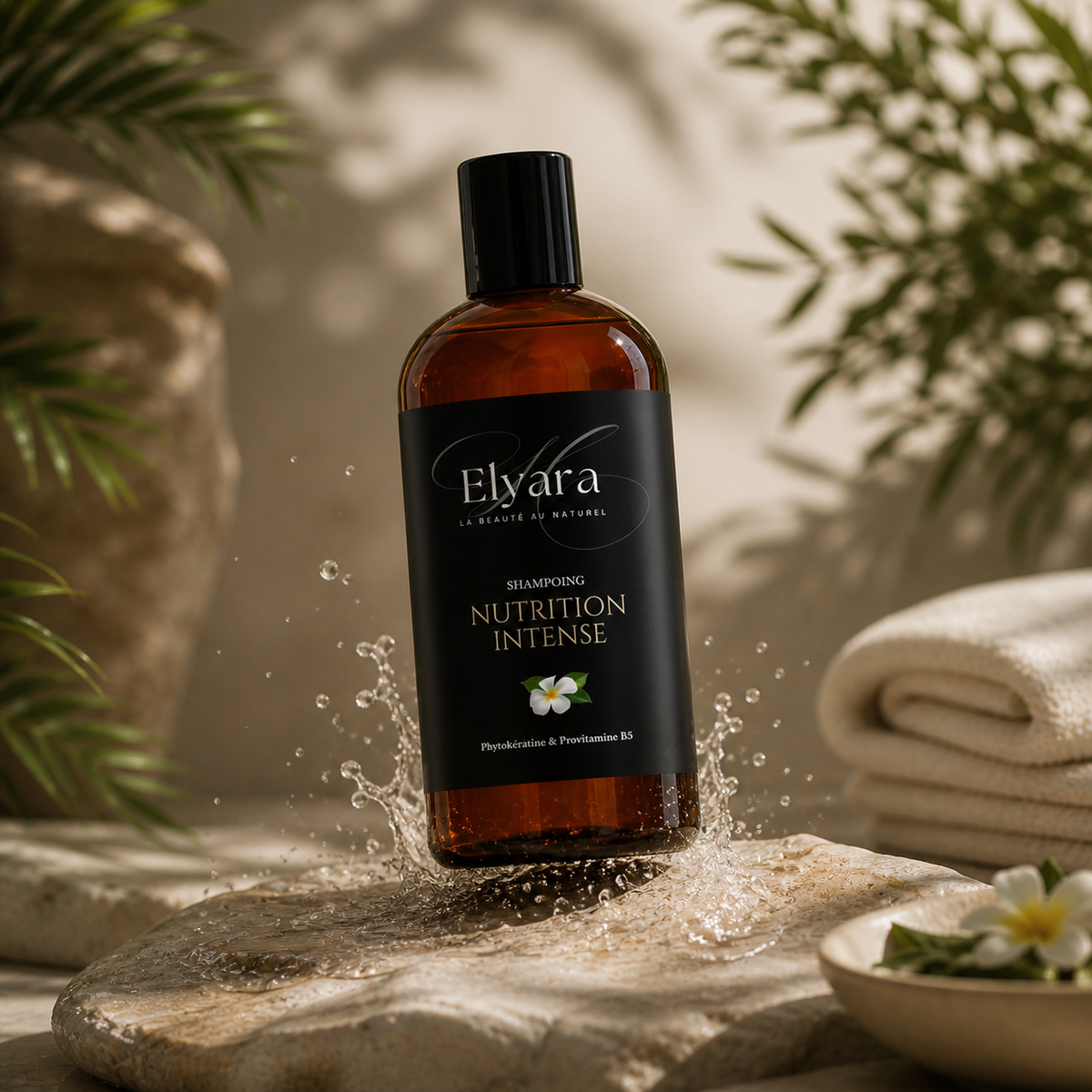 Shampoing Nutrition Intense, Phytokératine & Vegan 98,4% Naturel d’Elyara sur une pierre, éclaboussures d’eau et serviettes beige, ambiance spa naturel.