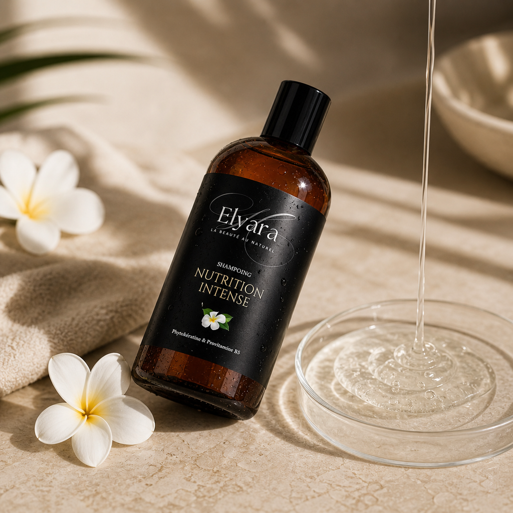 Shampoing Nutrition Intense d’Élyara, bouteille ambrée avec étiquette noire, posée sur surface beige, fleurs blanches et microflaques, condition d’application présente.