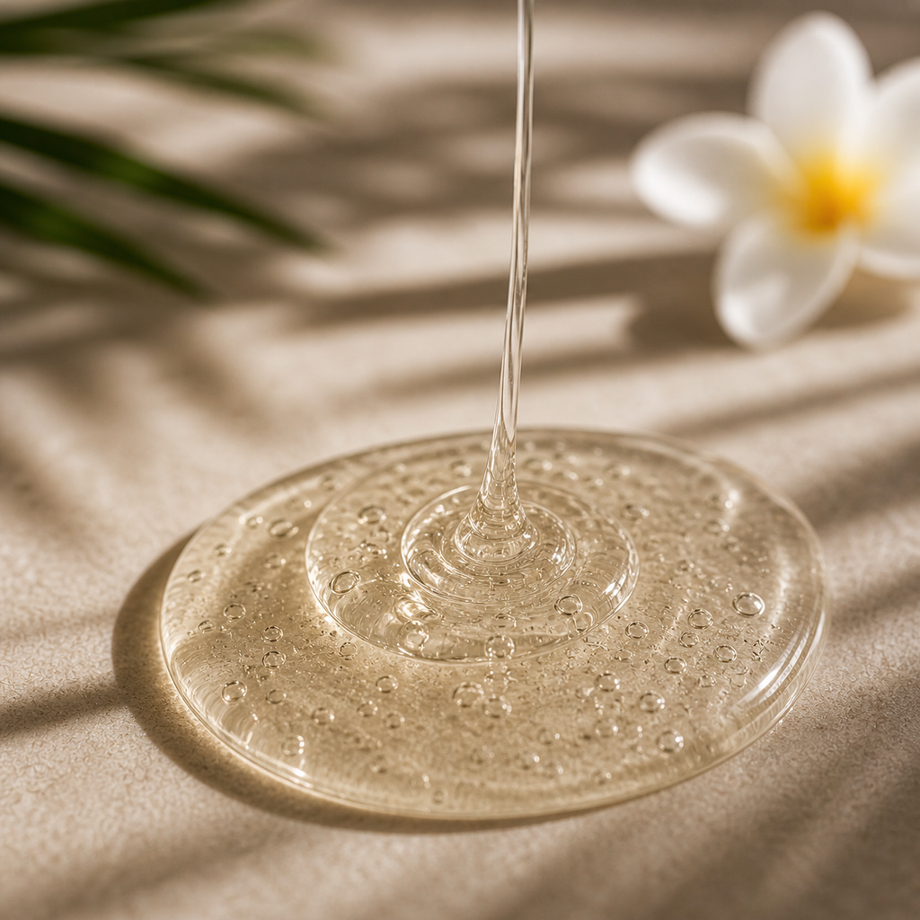 Gouttelette d’huile ou de gel s’écoulant sur une surface circulaire en verre, floue plant et fleur blanche en arrière-plan. Shampoing Nutrition Intense, Phytokératine & Vegan 98,4% Naturel.