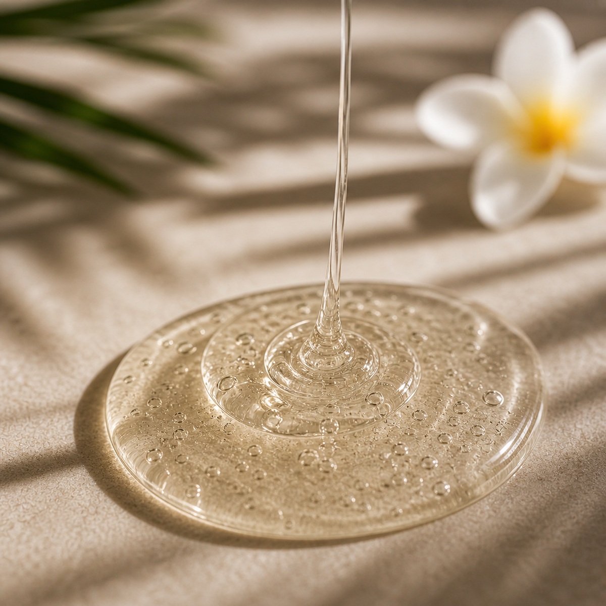 Gouttelette d’huile ou de gel s’écoulant sur une surface circulaire en verre, floue plant et fleur blanche en arrière-plan. Shampoing Nutrition Intense, Phytokératine & Vegan 98,4% Naturel.