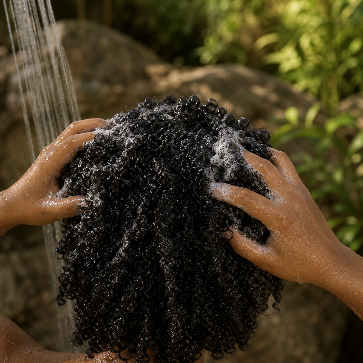 Cheveux afro bouclés sous la douche, lavés et crêpés par deux mains pendant le lavage. Altant la routine complète, Duo nutrition intense.