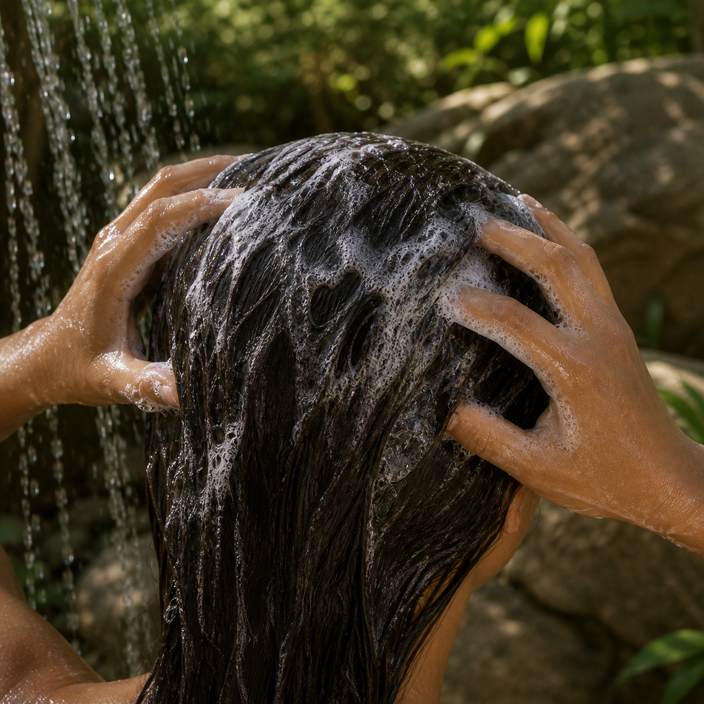Shampooing naturel en action: cheveux noir foncé savamment lavés sous une cascade, mains massant et créant une mousse généreuse.