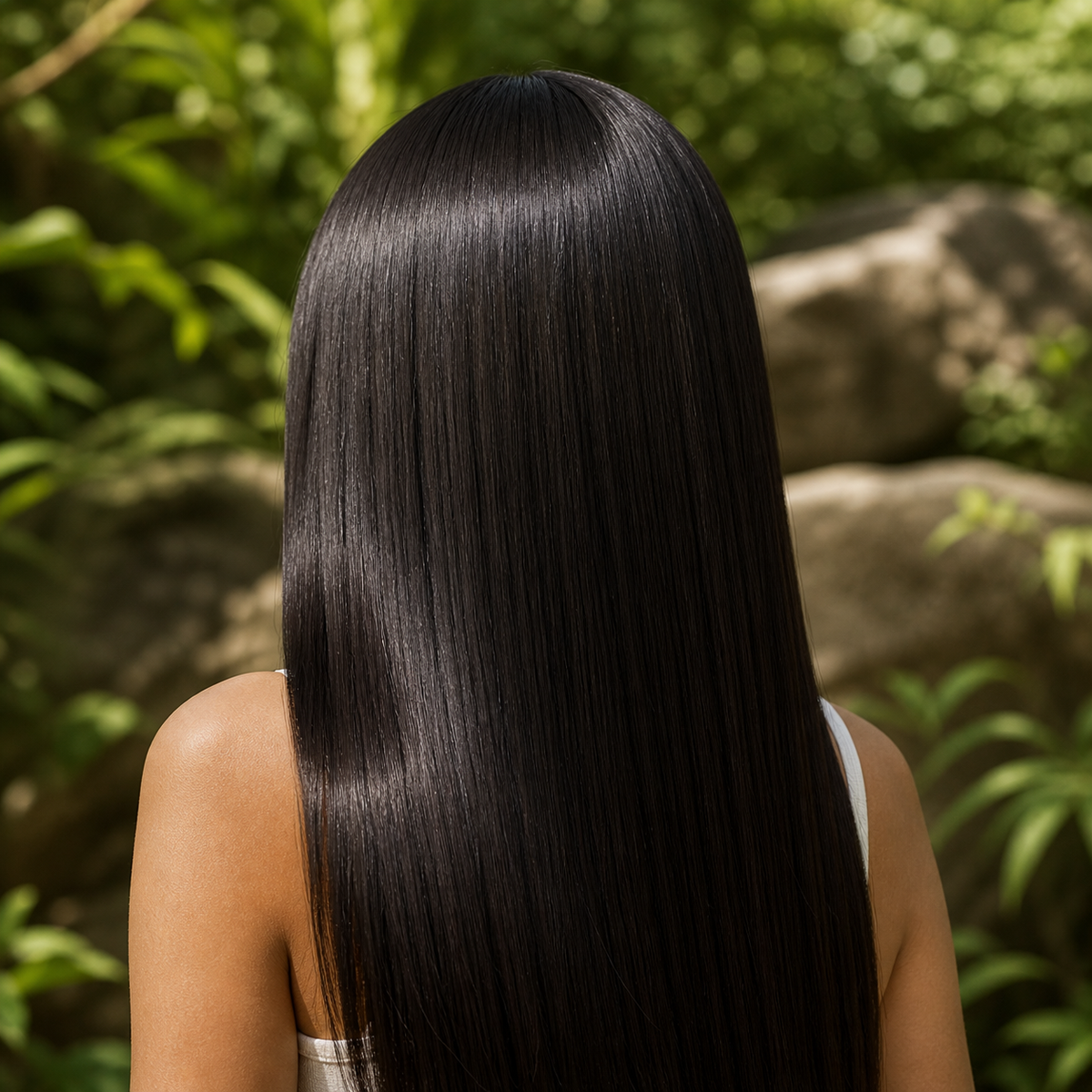Cheveux long, lisses et brillants vus de derrière, couleur noire ébène, dans un cadre extérieur verdoyant.