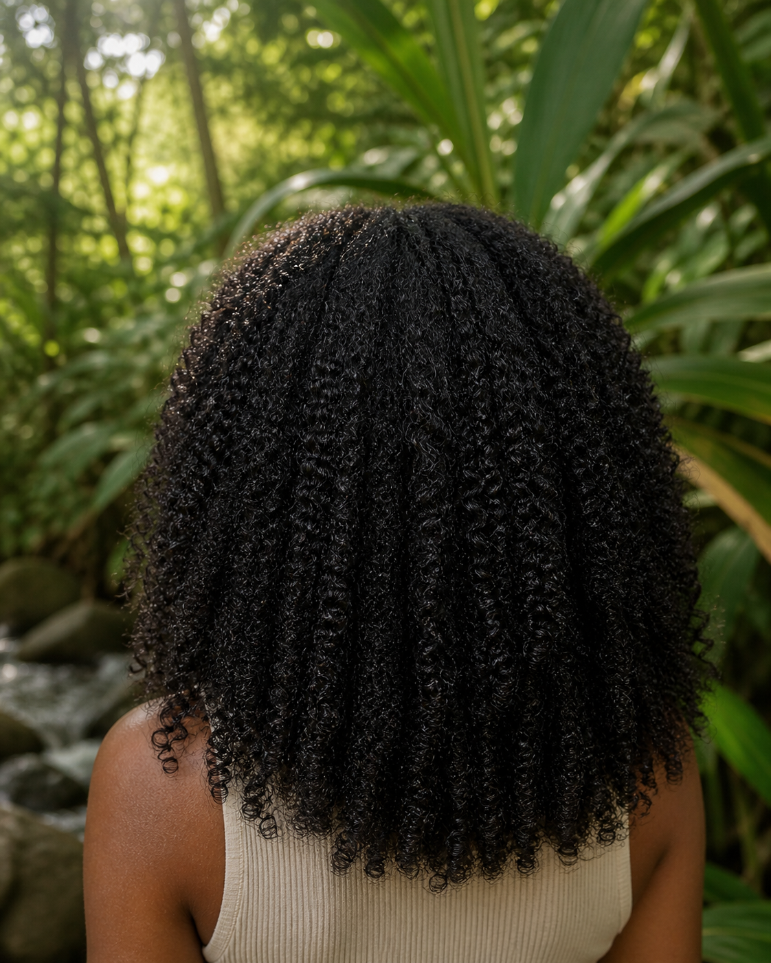 Coiffure naturelle afro bouclée et dense vue de dos, cheveux noir profond sous lumière naturelle près de la végétation. Alt pour Shampoing Nutrition Intense, Phytokératine & Vegan. Image