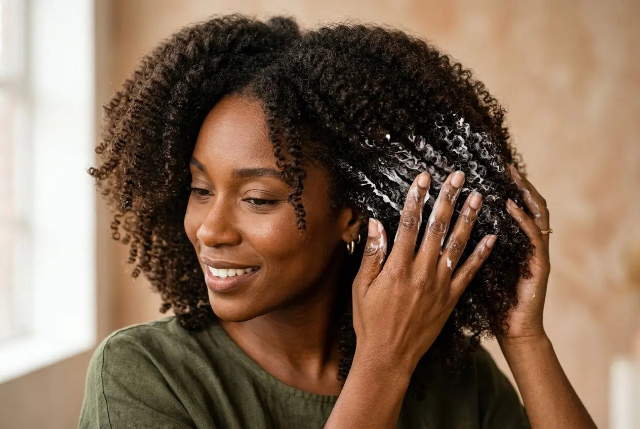 Cheveux bouclés au naturel, femme appliquant un soin sur ses racines dans un miroir. Quel soin pour quel type de cheveux intégré élégamment. Image