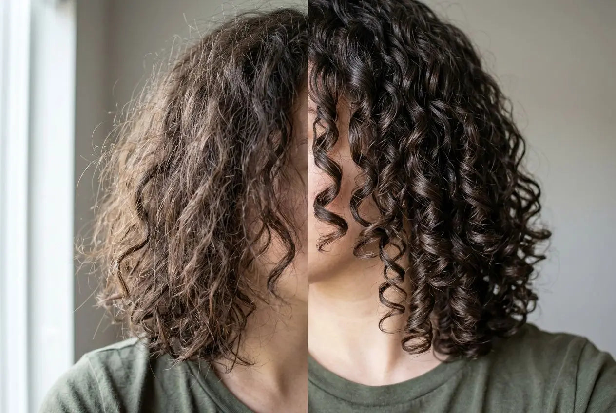 Cheveux bouclés sans silicone : femme aux boucles serrées et volumineuses près d'une fenêtre.
