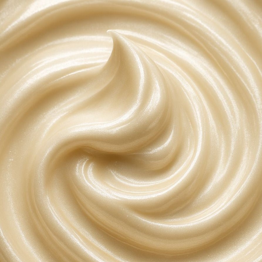 Texture lisse et crémeuse d’un soin capillaire, couleur beige nacrée, évoquant un masque nourrissant pour cheveux secs et endommagés. Nourishing Mask for Dry & Damaged Hair.